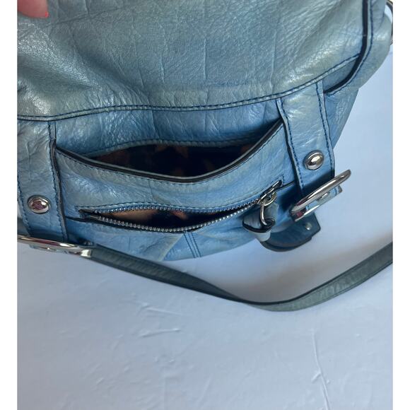 B. Makowsky Blue Leather Distressed Look Crossbody Shoulder Bag Purse - Picture 7 of 10